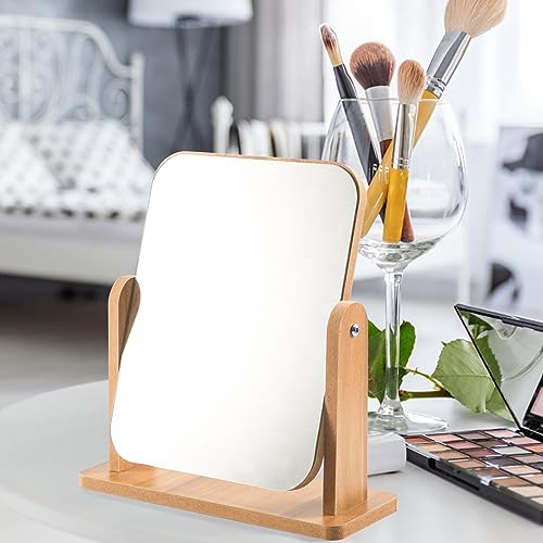 QINGMUG Vanity Mirror Wood Desk Makeup Mirror , 360° Swivel Desktop Square Mirror for Dressing Table Desk, Bathroom, Bedroom (1), 22 x 17CM