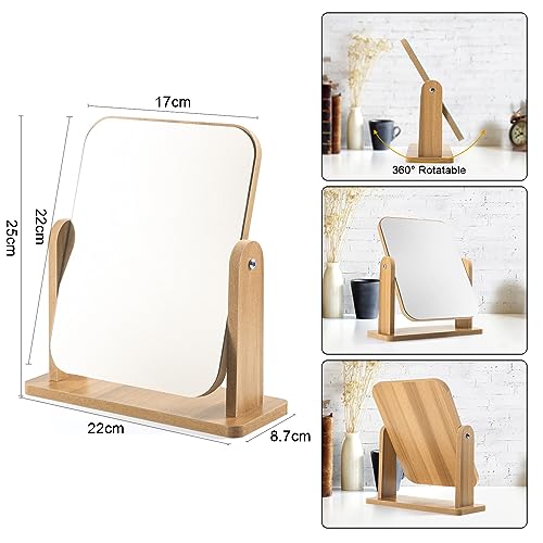 QINGMUG Vanity Mirror Wood Desk Makeup Mirror , 360° Swivel Desktop Square Mirror for Dressing Table Desk, Bathroom, Bedroom (1), 22 x 17CM
