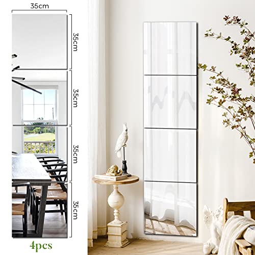 Sqinor Full Length Mirrors Long Wall Mirror Self Adhesive Mirror Tiles Glass 35x35 Stick On Mirrors for Bedroom, Living Room, Wardrobe Doors, Walls (Normal Grinding, 35x35cm, 4pcs)