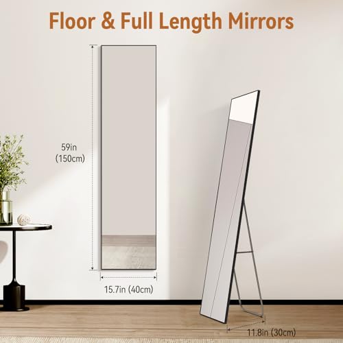 Warmiehomy 150x40cm Free Standing Full Length Mirror, Rectangle Large Mirror Hanging or Leaning Long Mirror, Black Floor Mirror for Living Room or Bedroom