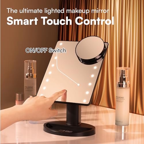 H&S Makeup Mirror with Lights - Light Up Vanity Mirror for Dressing Table Bathroom Desk - Battery Operated with LED Lights - Includes Detachable 10x Magnifying Mirror - Black