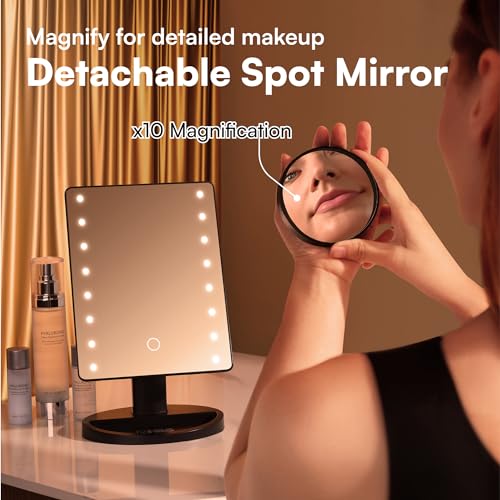 H&S Makeup Mirror with Lights - Light Up Vanity Mirror for Dressing Table Bathroom Desk - Battery Operated with LED Lights - Includes Detachable 10x Magnifying Mirror - Black