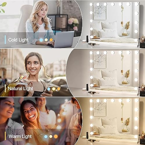 YOURLITE Hollywood Vanity Mirror with Lights, 58×45cm Lighted Makeup Mirror with 15 Dimmable Led Bulbs, 3 Lighting Modes, Touch Screen Control, Tabletop and Wall Mounted Cosmetic Mirror For Bedroom