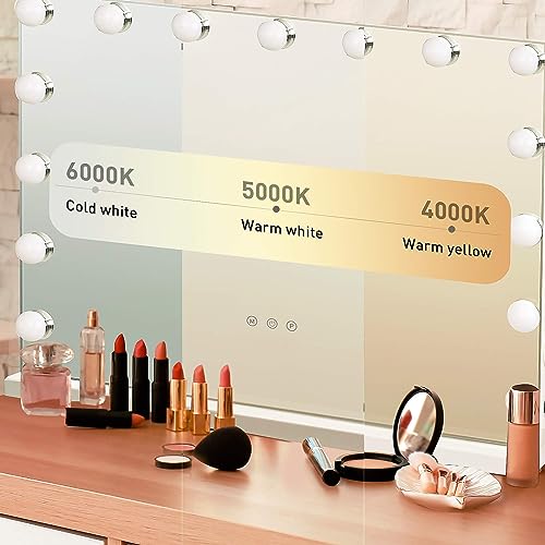 YOURLITE Hollywood Vanity Mirror with Lights, 58×45cm Lighted Makeup Mirror with 15 Dimmable Led Bulbs, 3 Lighting Modes, Touch Screen Control, Tabletop and Wall Mounted Cosmetic Mirror For Bedroom