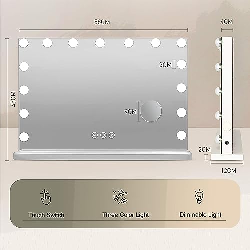 YOURLITE Hollywood Vanity Mirror with Lights, 58×45cm Lighted Makeup Mirror with 15 Dimmable Led Bulbs, 3 Lighting Modes, Touch Screen Control, Tabletop and Wall Mounted Cosmetic Mirror For Bedroom