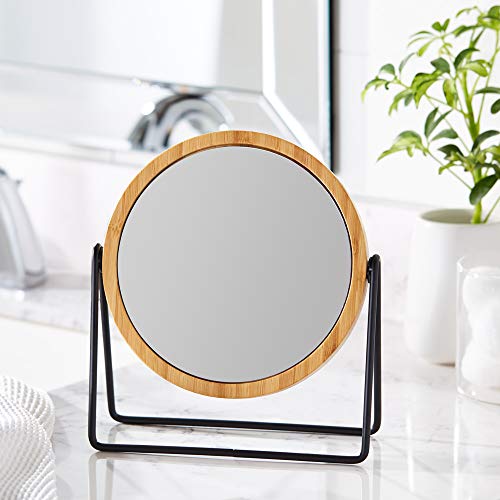 Amazon Basics Round Tabletop Mount Dressing Table Mirror with Bamboo Rim-1X/5X Magnification, Beige, 19.2 x 7.3 x 20.7 cm
