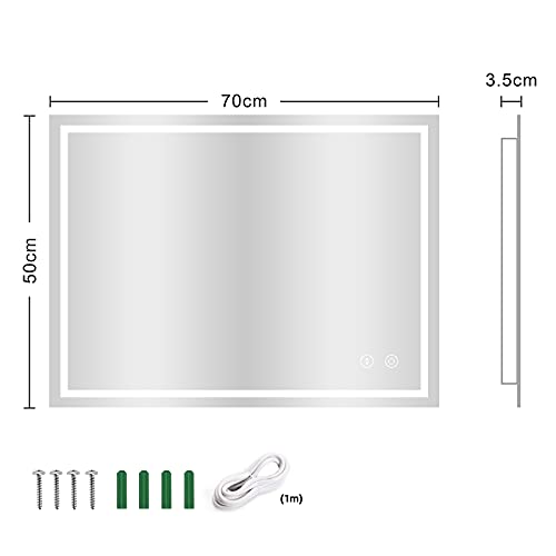 Dripex Bathroom Mirror with LED Lights, 500 * 700 MM Illuminated Backlit Wall Mounted Vanity Mirror Dimmable Switch 3 Colors and Demister Pad, Horizontal/Vertical