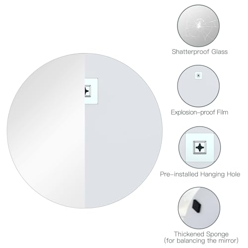 Dripex 50 x 50cm Frameless Bathroom Mirror, Round Wall Mounted Mirror with Polished Edge & Pre-installed Hole - Best for Bathroom, Hallway, Bedroom & Living Room
