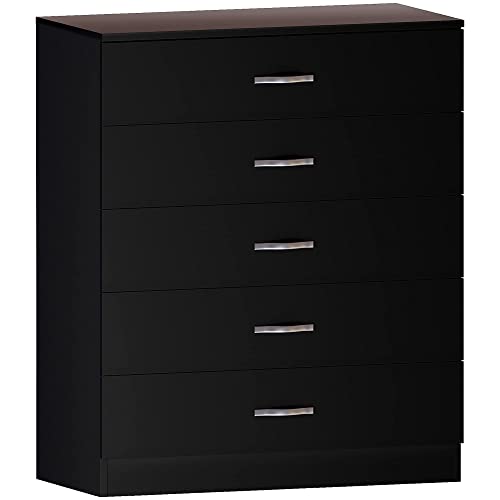Vida Designs Black Chest of Drawers, 5 Drawer With Metal Handles and Runners, Unique Anti-Bowing Drawer Support, Riano Bedroom Furniture