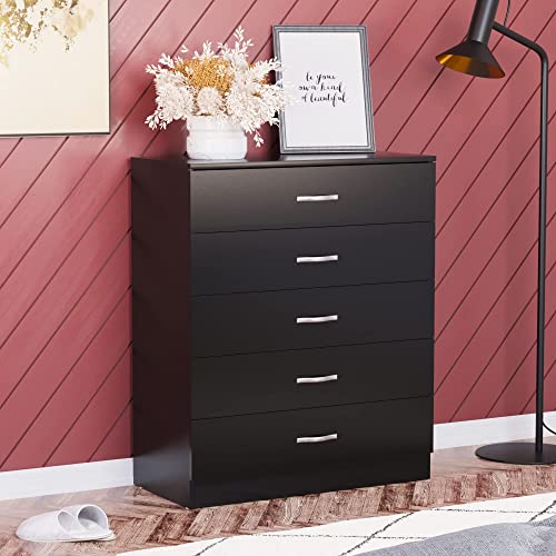 Vida Designs Black Chest of Drawers, 5 Drawer With Metal Handles and Runners, Unique Anti-Bowing Drawer Support, Riano Bedroom Furniture