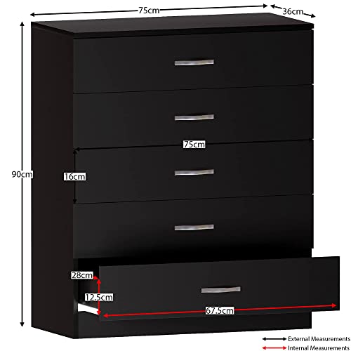 Vida Designs Black Chest of Drawers, 5 Drawer With Metal Handles and Runners, Unique Anti-Bowing Drawer Support, Riano Bedroom Furniture