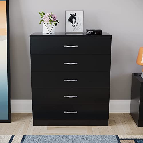 Vida Designs Black Chest of Drawers, 5 Drawer With Metal Handles and Runners, Unique Anti-Bowing Drawer Support, Riano Bedroom Furniture