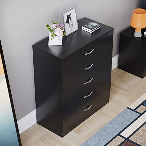 Vida Designs Black Chest of Drawers, 5 Drawer With Metal Handles and Runners, Unique Anti-Bowing Drawer Support, Riano Bedroom Furniture