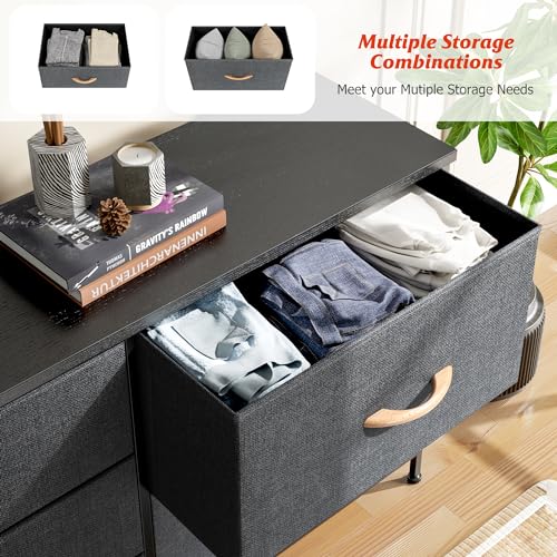 Nicehill Dresser for Bedroom with 5 Drawers, Storage Organizer, Wide Chest of Drawers for Closet, Clothes, Kids, Baby, TV Stand, Wood Board, Fabric Drawers(Black Grey)