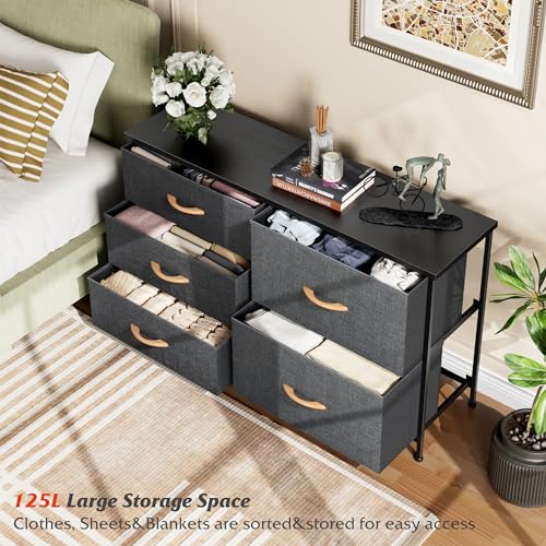 Nicehill Dresser for Bedroom with 5 Drawers, Storage Organizer, Wide Chest of Drawers for Closet, Clothes, Kids, Baby, TV Stand, Wood Board, Fabric Drawers(Black Grey)