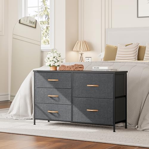 Nicehill Dresser for Bedroom with 5 Drawers, Storage Organizer, Wide Chest of Drawers for Closet, Clothes, Kids, Baby, TV Stand, Wood Board, Fabric Drawers(Black Grey)