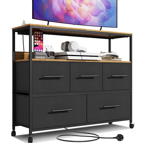 Adoture Dresser with Charging Station, Chest of Drawers for Bedroom with 5 Fabric Bins, TV Stand with Open Storage Shelf, TV Table with 4 Castors for Living Room, Hallway (Black)