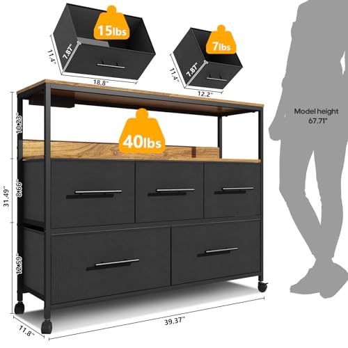 Adoture Dresser with Charging Station, Chest of Drawers for Bedroom with 5 Fabric Bins, TV Stand with Open Storage Shelf, TV Table with 4 Castors for Living Room, Hallway (Black)