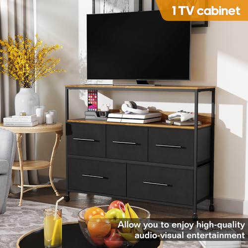 Adoture Dresser with Charging Station, Chest of Drawers for Bedroom with 5 Fabric Bins, TV Stand with Open Storage Shelf, TV Table with 4 Castors for Living Room, Hallway (Black)