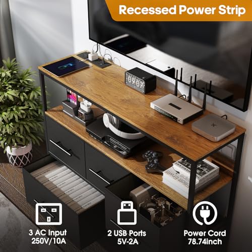 Adoture Dresser with Charging Station, Chest of Drawers for Bedroom with 5 Fabric Bins, TV Stand with Open Storage Shelf, TV Table with 4 Castors for Living Room, Hallway (Black)