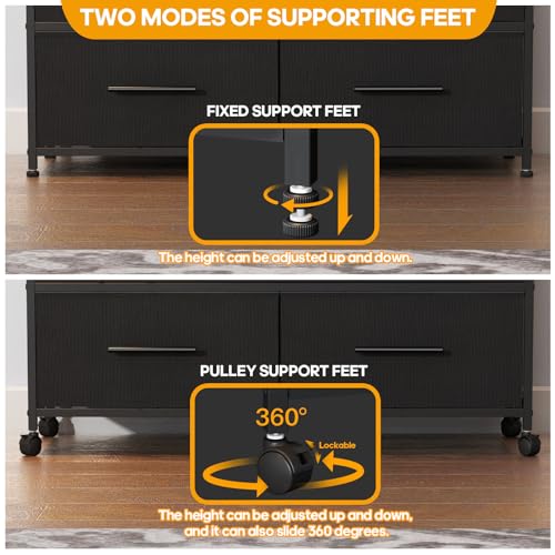 Adoture Dresser with Charging Station, Chest of Drawers for Bedroom with 5 Fabric Bins, TV Stand with Open Storage Shelf, TV Table with 4 Castors for Living Room, Hallway (Black)