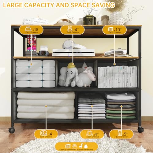 Adoture Dresser with Charging Station, Chest of Drawers for Bedroom with 5 Fabric Bins, TV Stand with Open Storage Shelf, TV Table with 4 Castors for Living Room, Hallway (Black)