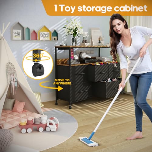 Adoture Dresser with Charging Station, Chest of Drawers for Bedroom with 5 Fabric Bins, TV Stand with Open Storage Shelf, TV Table with 4 Castors for Living Room, Hallway (Black)