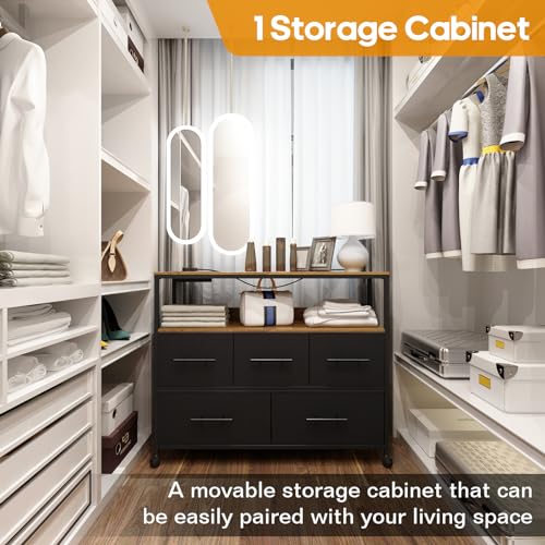 Adoture Dresser with Charging Station, Chest of Drawers for Bedroom with 5 Fabric Bins, TV Stand with Open Storage Shelf, TV Table with 4 Castors for Living Room, Hallway (Black)