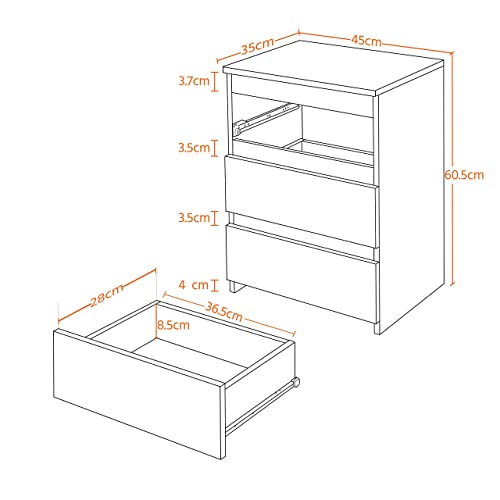 Yaheetech White Bedside/Side/End Tables with 3 Drawers Vertical Storage for Living Room Bedroom Nightstand Table 35 x 45 x 60.5 cm