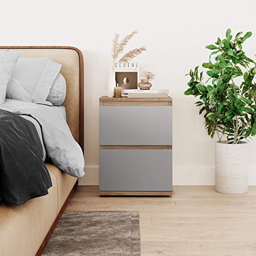 URBNLIVING 2 Drawer Wooden Bedroom Bedside Cabinet No Handle Storage Nightstand Side Table (Oak Carcass + Grey Drawers)
