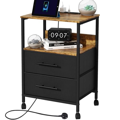 WARM&LOVE Bedside Table with Charging Station, Nightstand with 2 Outlets and 2 USB Ports, Sofa Side Table, End Table with Metal Frame and Fabric Drawers, for Bedroom, Living Room