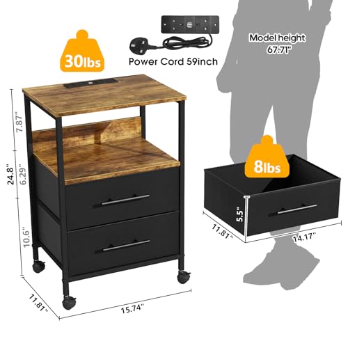 WARM&LOVE Bedside Table with Charging Station, Nightstand with 2 Outlets and 2 USB Ports, Sofa Side Table, End Table with Metal Frame and Fabric Drawers, for Bedroom, Living Room