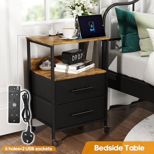 WARM&LOVE Bedside Table with Charging Station, Nightstand with 2 Outlets and 2 USB Ports, Sofa Side Table, End Table with Metal Frame and Fabric Drawers, for Bedroom, Living Room