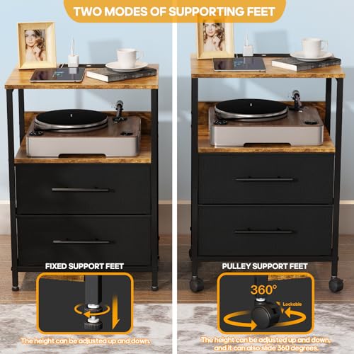 WARM&LOVE Bedside Table with Charging Station, Nightstand with 2 Outlets and 2 USB Ports, Sofa Side Table, End Table with Metal Frame and Fabric Drawers, for Bedroom, Living Room