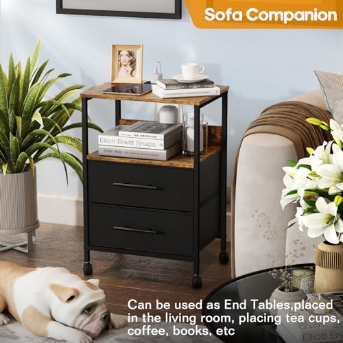 WARM&LOVE Bedside Table with Charging Station, Nightstand with 2 Outlets and 2 USB Ports, Sofa Side Table, End Table with Metal Frame and Fabric Drawers, for Bedroom, Living Room