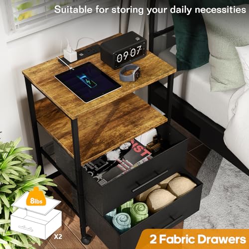 WARM&LOVE Bedside Table with Charging Station, Nightstand with 2 Outlets and 2 USB Ports, Sofa Side Table, End Table with Metal Frame and Fabric Drawers, for Bedroom, Living Room