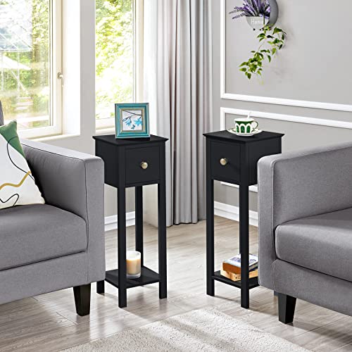 Yaheetech Black Slim Bedside Table Set of 2, Narrow Wooden Nightstand with Drawer & Shelf, Tall Telephone Table Hallway Side Table, 25x25x70cm