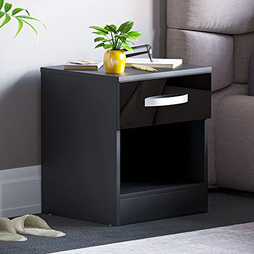 Vida Designs 1 Drawer High Gloss Nightstand Bedside Cabinet (Black)