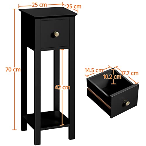 Yaheetech Black Slim Bedside Table Set of 2, Narrow Wooden Nightstand with Drawer & Shelf, Tall Telephone Table Hallway Side Table, 25x25x70cm