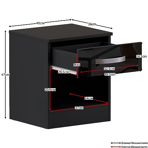 Vida Designs 1 Drawer High Gloss Nightstand Bedside Cabinet (Black)