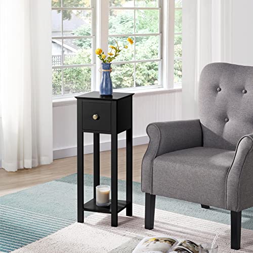 Yaheetech Black Slim Bedside Table Set of 2, Narrow Wooden Nightstand with Drawer & Shelf, Tall Telephone Table Hallway Side Table, 25x25x70cm