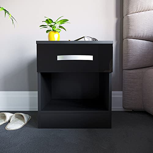 Vida Designs 1 Drawer High Gloss Nightstand Bedside Cabinet (Black)