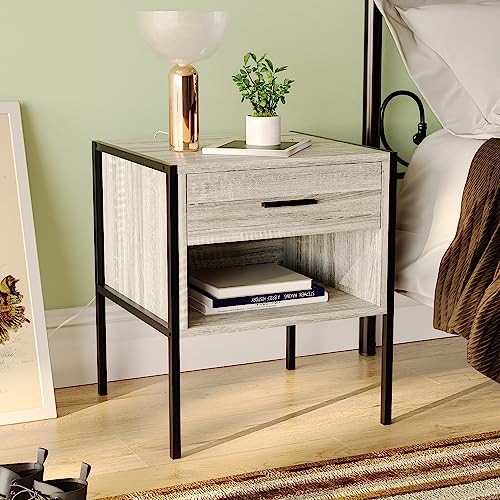 Vida Designs Brooklyn Bedside Cabinet Nightstand Side Table Industrial Bedroom Furniture Storage (Grey, 1 Drawer)