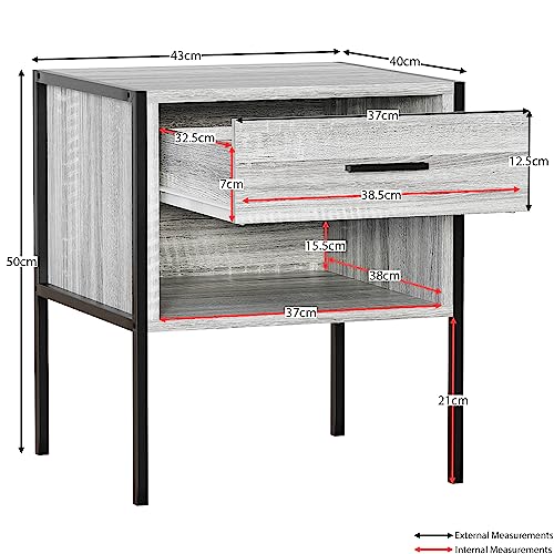 Vida Designs Brooklyn Bedside Cabinet Nightstand Side Table Industrial Bedroom Furniture Storage (Grey, 1 Drawer)