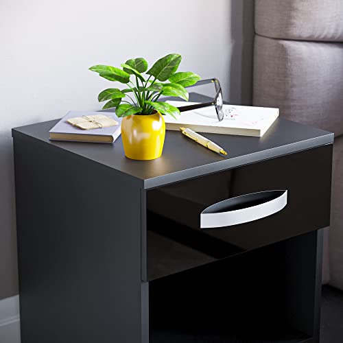 Vida Designs 1 Drawer High Gloss Nightstand Bedside Cabinet (Black)