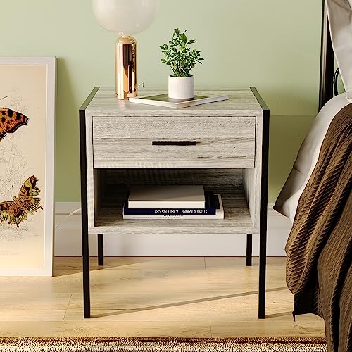 Vida Designs Brooklyn Bedside Cabinet Nightstand Side Table Industrial Bedroom Furniture Storage (Grey, 1 Drawer)