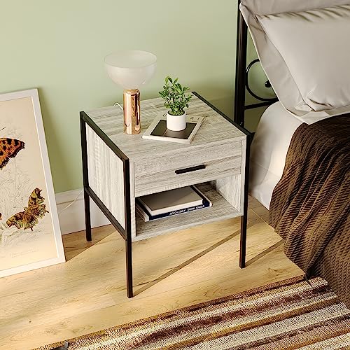 Vida Designs Brooklyn Bedside Cabinet Nightstand Side Table Industrial Bedroom Furniture Storage (Grey, 1 Drawer)