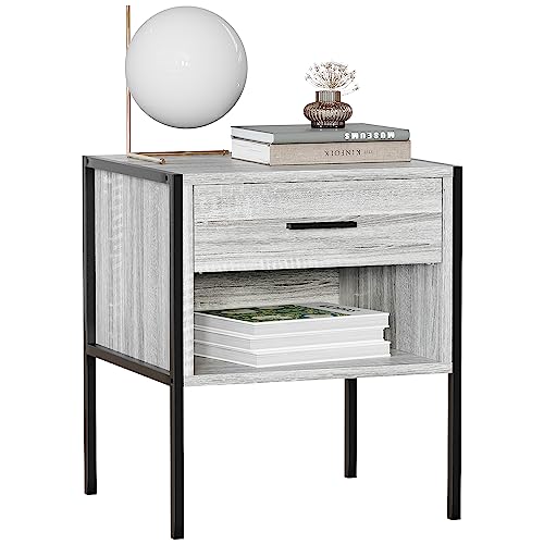Vida Designs Brooklyn Bedside Cabinet Nightstand Side Table Industrial Bedroom Furniture Storage (Grey, 1 Drawer)