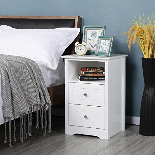 Yaheetech White Bedside Cabinet, Nightstand Bedside Table with 2 Drawers & Cupboard, Wood Side End Table Storage Unit for Bedroom Living Room Furniture, 35x40x61cm