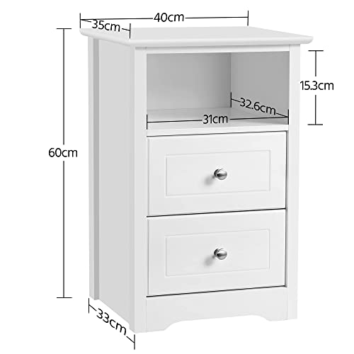 Yaheetech White Bedside Cabinet, Nightstand Bedside Table with 2 Drawers & Cupboard, Wood Side End Table Storage Unit for Bedroom Living Room Furniture, 35x40x61cm